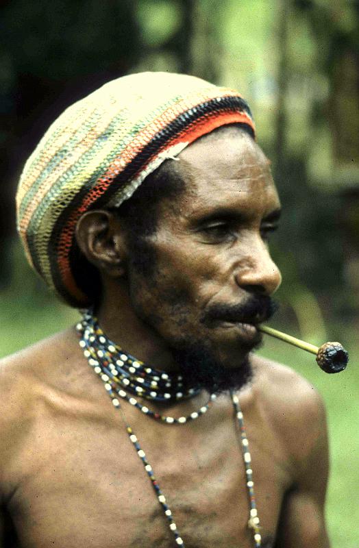 Papua1-39-Zoellner.jpg - Yali man (Uria), smoking traditional pipe, Angguruk, Yahukimo regency, Highlands (1993)(Photo by Siegfried Zöllner)