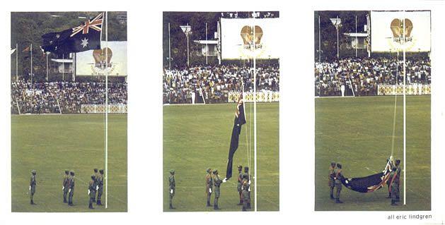 HistPOM-54-1975.jpg - Independence, Monday, 15 September 1975: Symbolising the end of Australian Control, the Australian flag is lowered; Photographer: Eric Lindgren (source: http://www.pngaa.net/Independence_Anniversary/independence_anniversary.htm, accessed: 6.2.2013)
