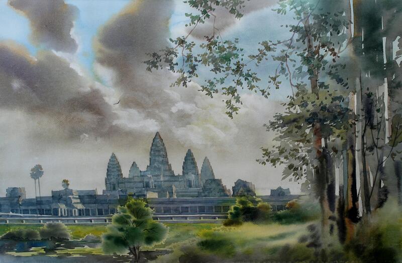 Kunst-06a-Seib-unknown.jpg - Angkor Wat, Cambodia, unknown artist, Siem Reap 2002, watercolor, w 55 × h 37 (Photo by Roland Seib)