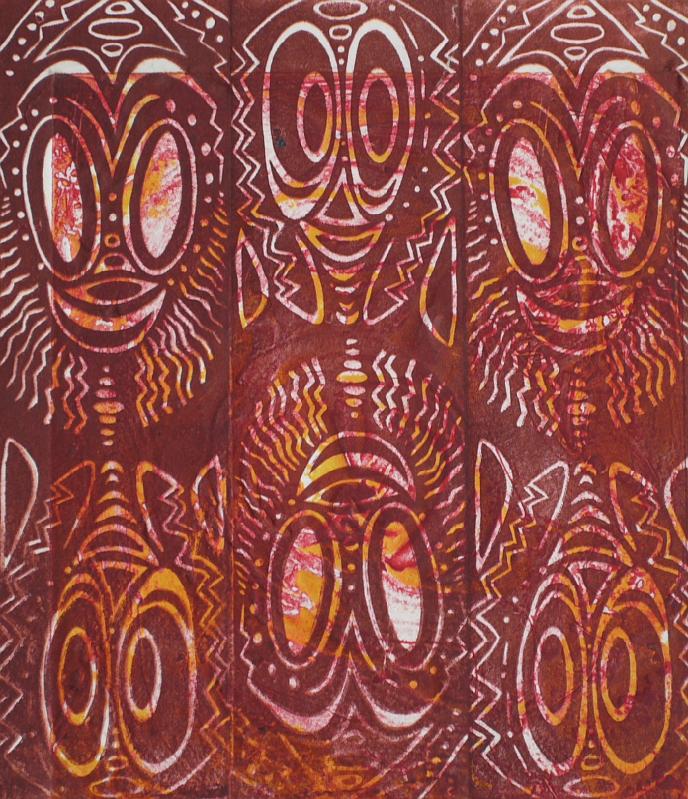 Seib-2010-Kunst-09-Yobale.JPG - “Spirits of the dead”, Philip Yobale, Port Moresby 1997, woodblock printing, w 27,5 × h 23 (Photo by Roland Seib)