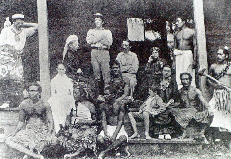 Samoa-31-Seib-2011.jpg - The Vailima household; Mrs. Margaret Stevenson (4th from left), Robert Louis Stevenson (6th from right) and Fanny Stevenson (4th from right)(Source: Robert Louis Stevenson Museum, Apia)(Photo by Roland Seib)